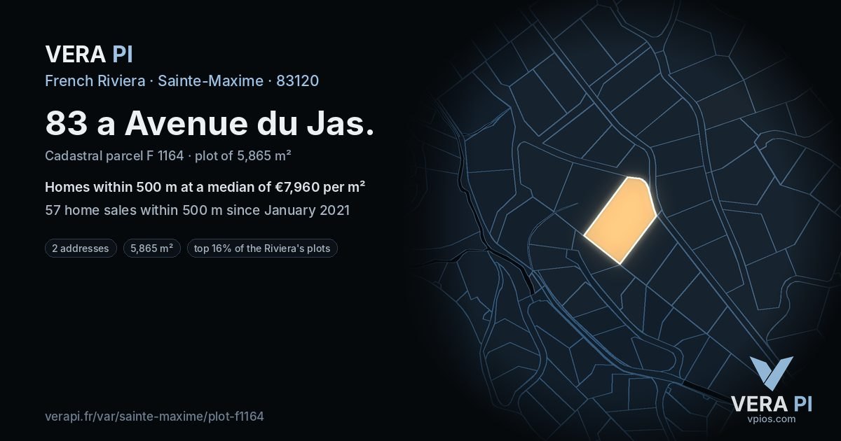 83 a Avenue du Jas, Sainte-Maxime at night – the plot lit, the parcels around coloured by the prices near them