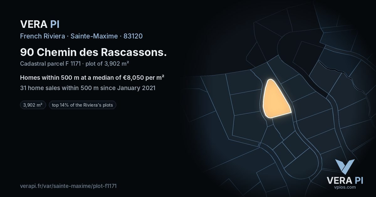 90 Chemin des Rascassons, Sainte-Maxime at night – the plot lit, the parcels around coloured by the prices near them