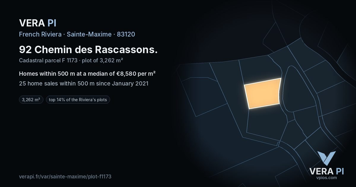 92 Chemin des Rascassons, Sainte-Maxime at night – the plot lit, the parcels around coloured by the prices near them