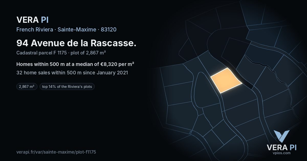 94 Avenue de la Rascasse, Sainte-Maxime at night – the plot lit, the parcels around coloured by the prices near them