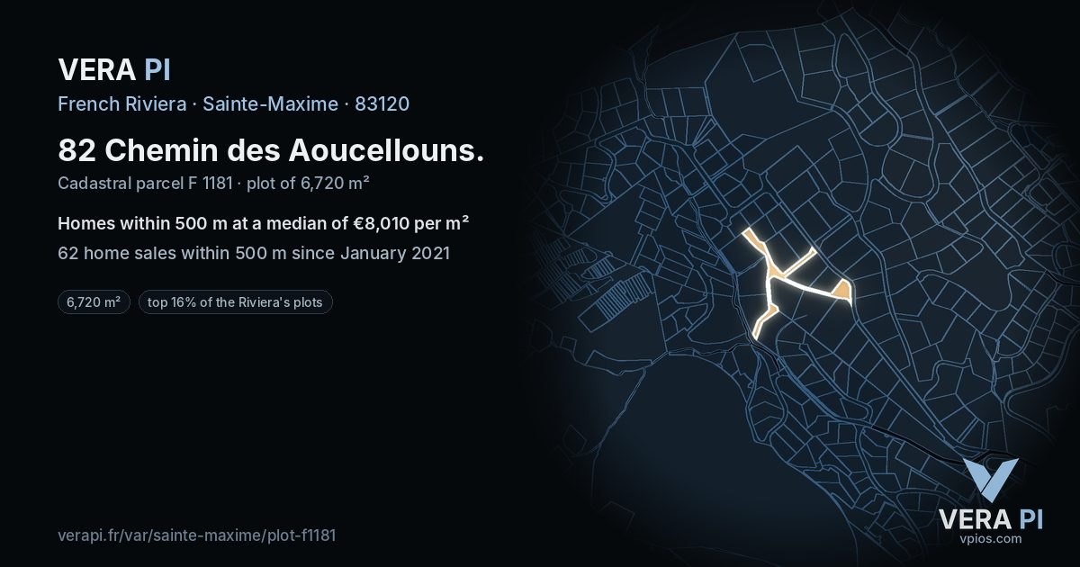 82 Chemin des Aoucellouns, Sainte-Maxime at night – the plot lit, the parcels around coloured by the prices near them
