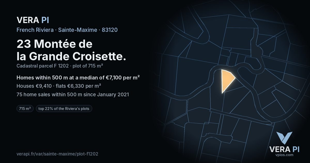 23 Montée de la Grande Croisette, Sainte-Maxime at night – the plot lit, the parcels around coloured by the prices near them