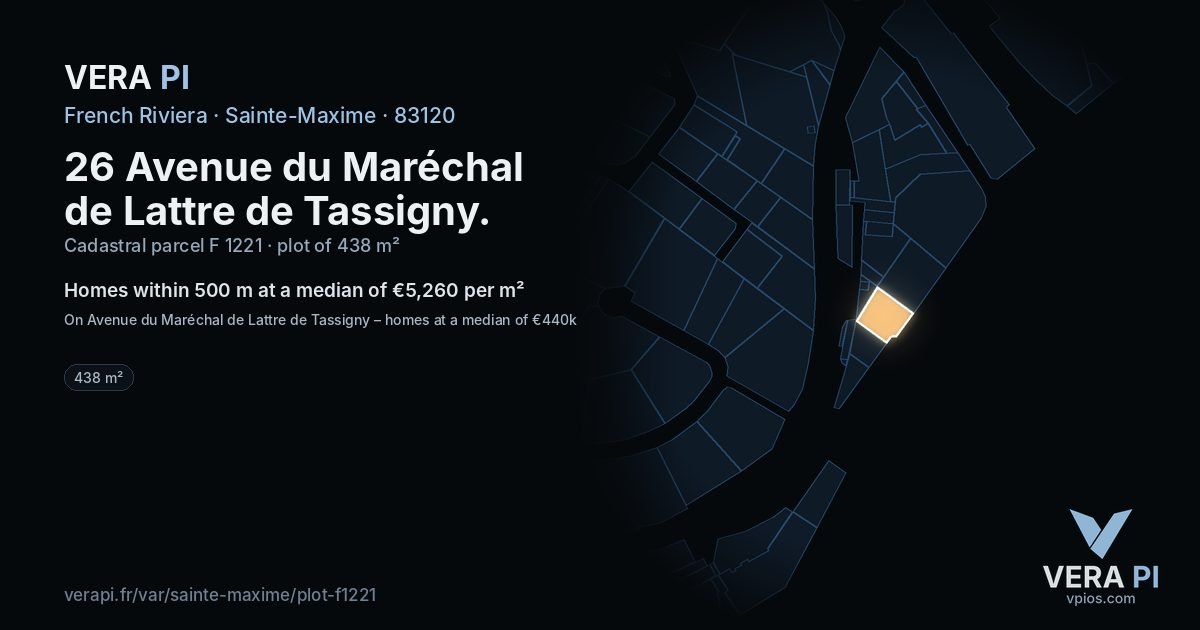 26 Avenue du Maréchal de Lattre de Tassigny, Sainte-Maxime at night – the plot lit, the parcels around coloured by the prices near them