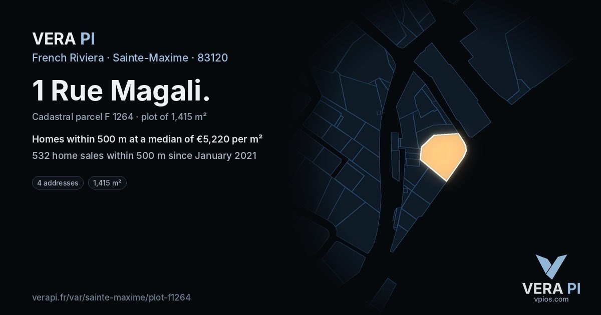 1 Rue Magali, Sainte-Maxime at night – the plot lit, the parcels around coloured by the prices near them