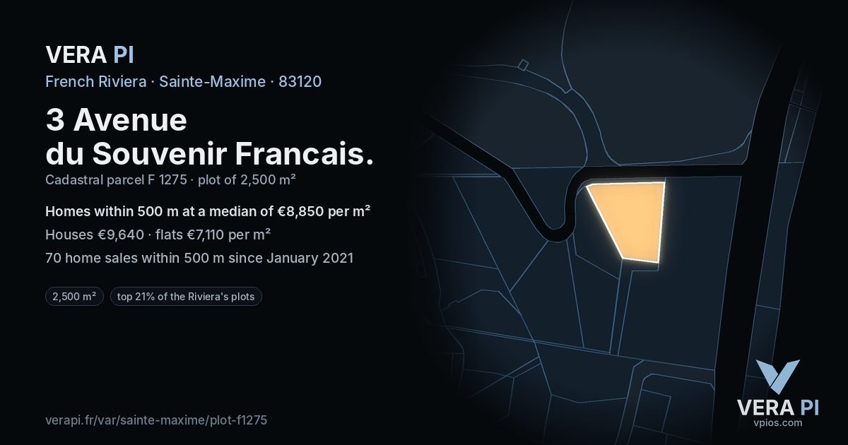 3 Avenue du Souvenir Francais, Sainte-Maxime at night – the plot lit, the parcels around coloured by the prices near them