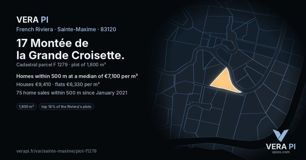 17 Montée de la Grande Croisette, Sainte-Maxime at night – the plot lit, the parcels around coloured by the prices near them