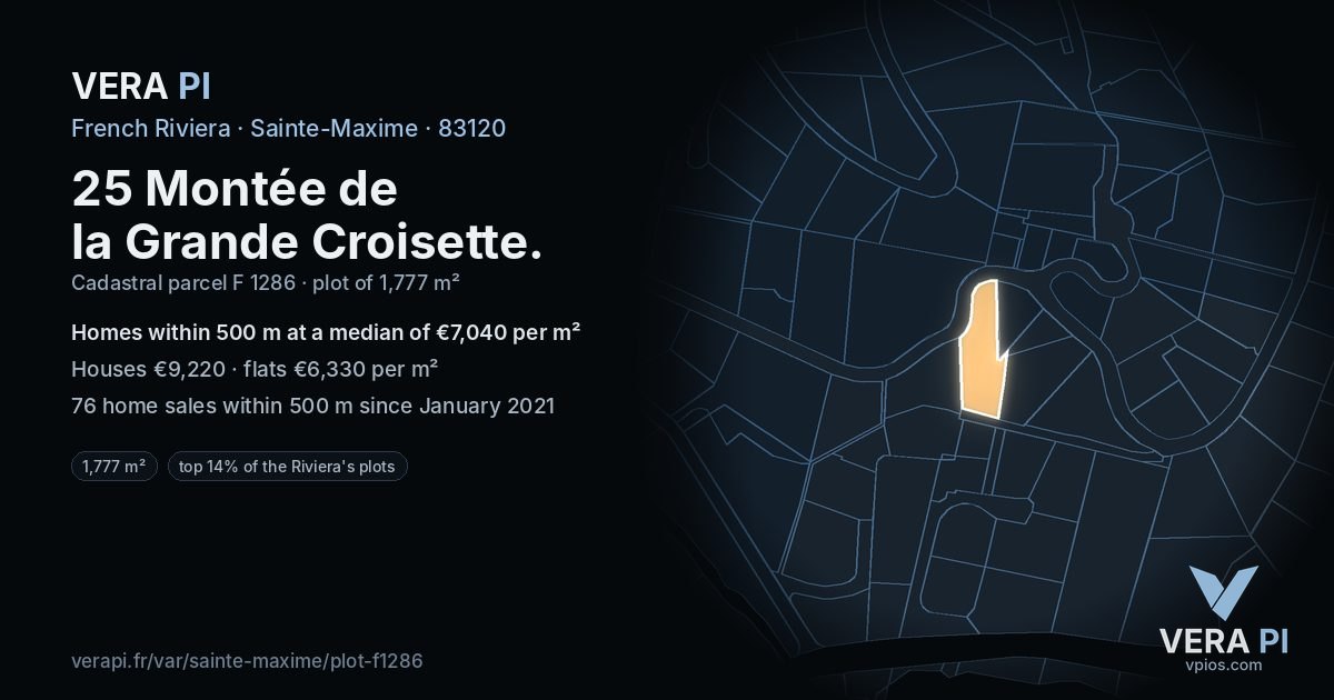 25 Montée de la Grande Croisette, Sainte-Maxime at night – the plot lit, the parcels around coloured by the prices near them