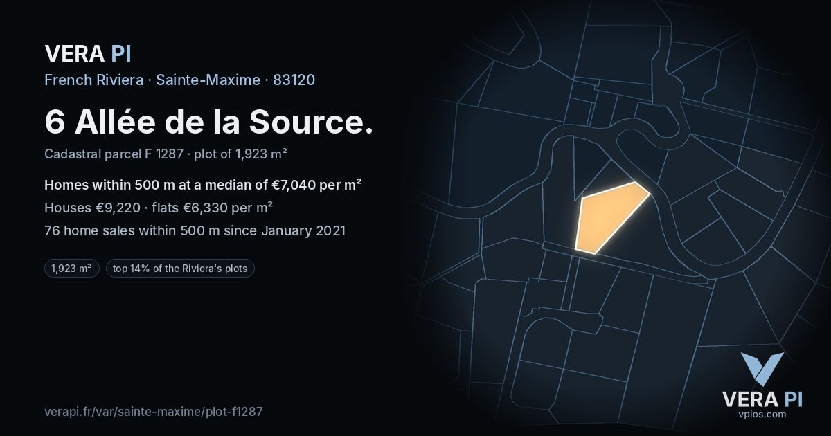 6 Allée de la Source, Sainte-Maxime at night – the plot lit, the parcels around coloured by the prices near them