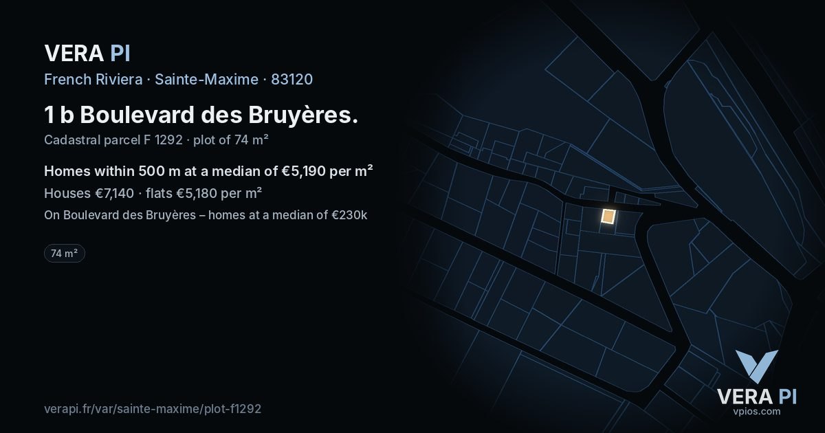 1 b Boulevard des Bruyères, Sainte-Maxime at night – the plot lit, the parcels around coloured by the prices near them