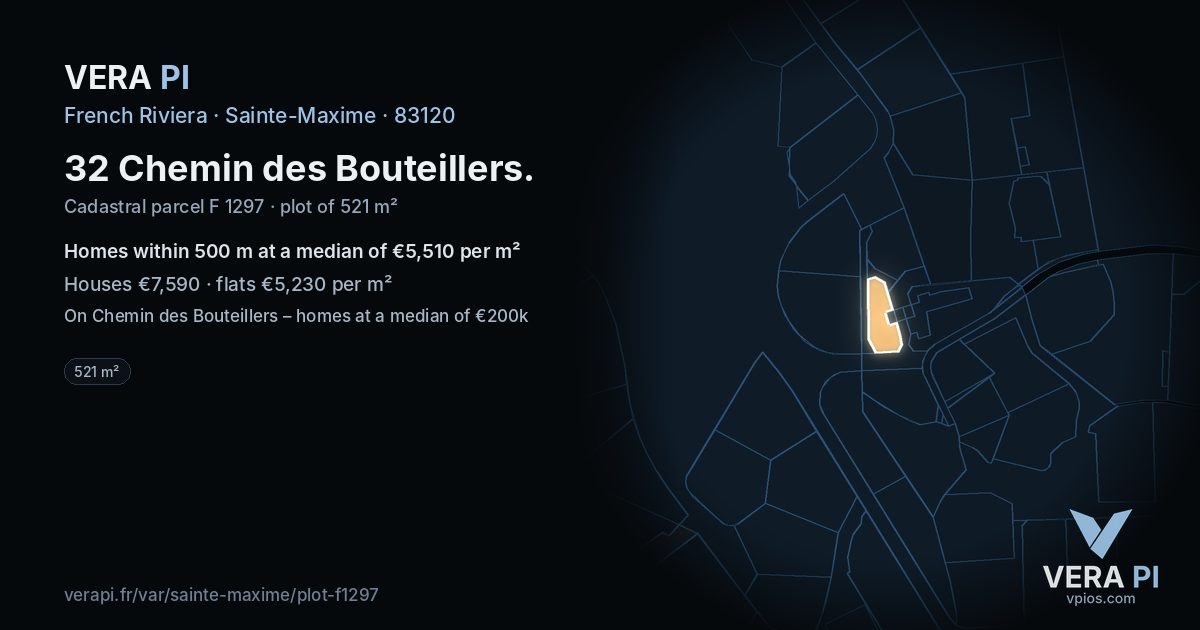 32 Chemin des Bouteillers, Sainte-Maxime at night – the plot lit, the parcels around coloured by the prices near them