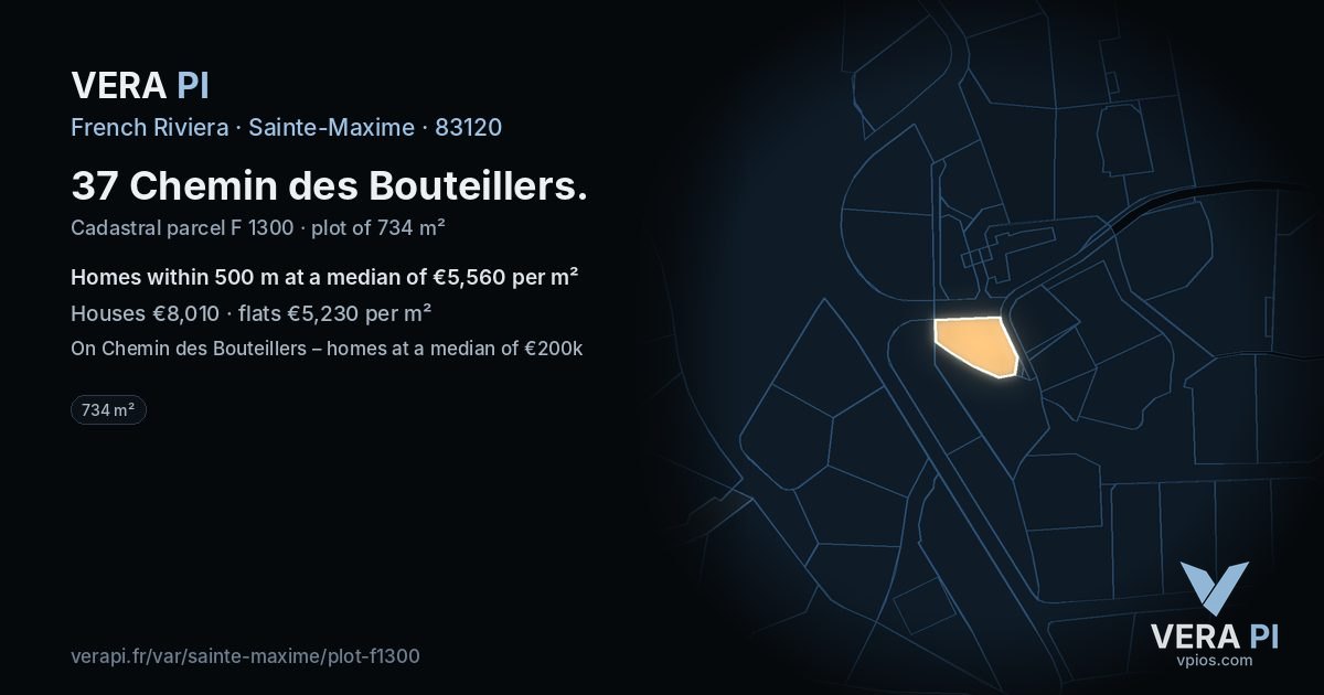 37 Chemin des Bouteillers, Sainte-Maxime at night – the plot lit, the parcels around coloured by the prices near them