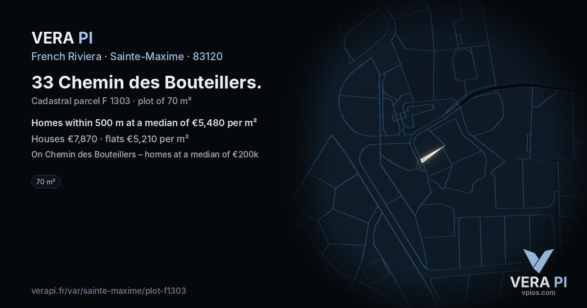 33 Chemin des Bouteillers, Sainte-Maxime at night – the plot lit, the parcels around coloured by the prices near them