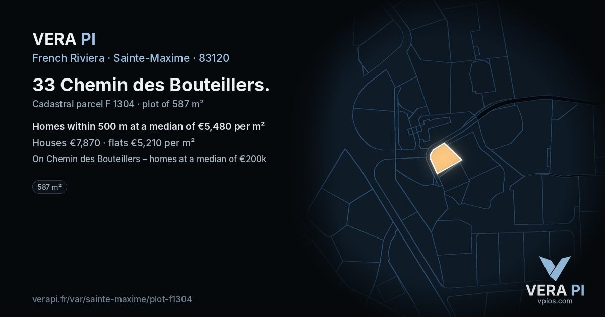 33 Chemin des Bouteillers, Sainte-Maxime at night – the plot lit, the parcels around coloured by the prices near them