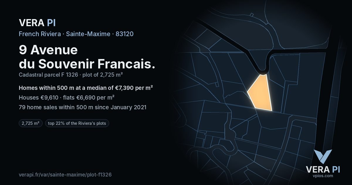 9 Avenue du Souvenir Francais, Sainte-Maxime at night – the plot lit, the parcels around coloured by the prices near them