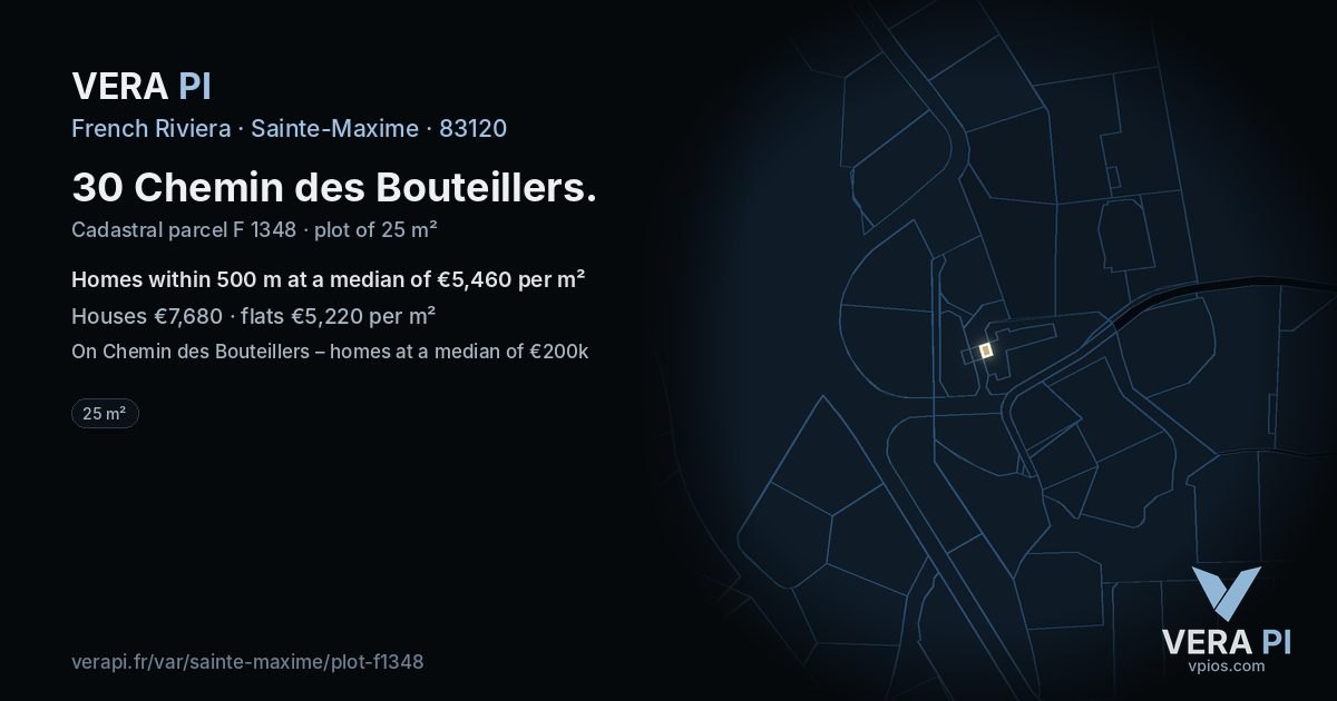 30 Chemin des Bouteillers, Sainte-Maxime at night – the plot lit, the parcels around coloured by the prices near them