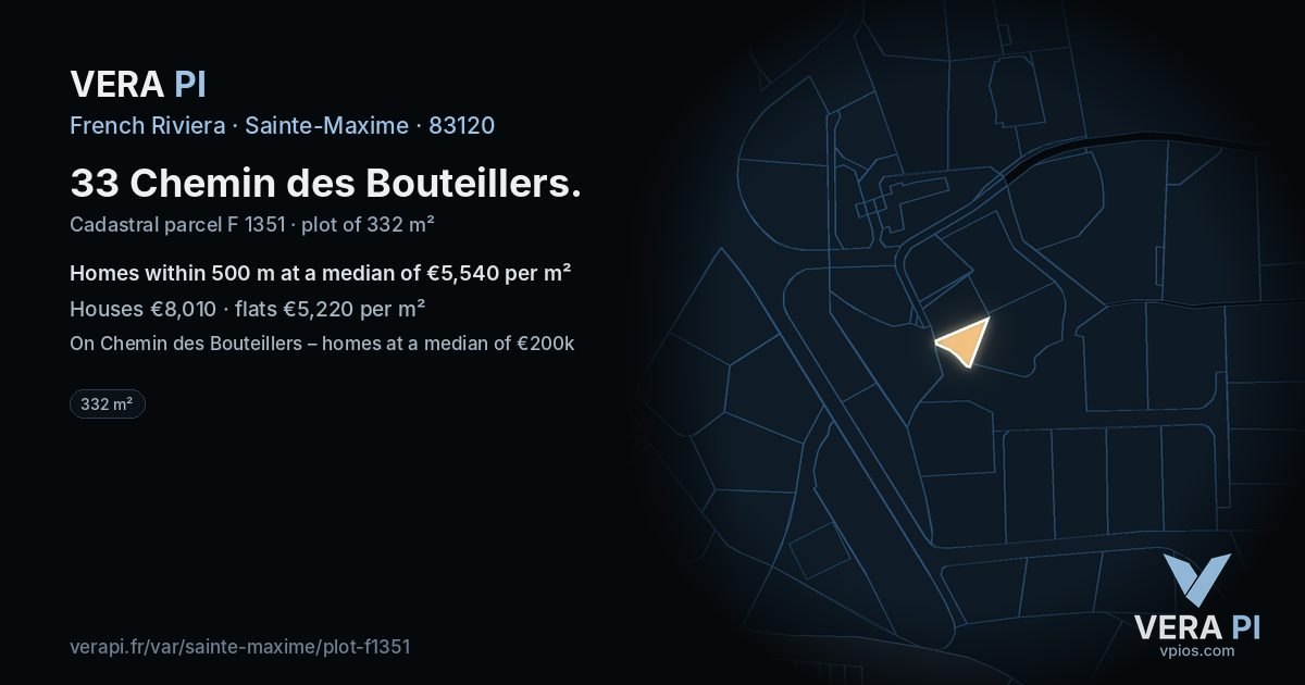 33 Chemin des Bouteillers, Sainte-Maxime at night – the plot lit, the parcels around coloured by the prices near them