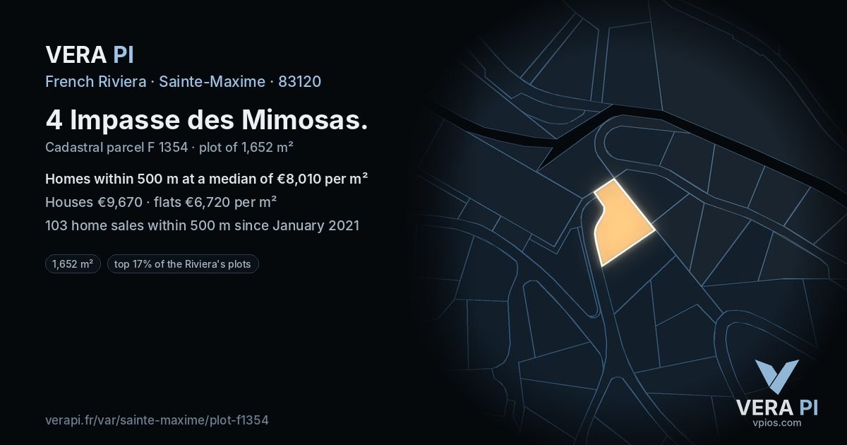 4 Impasse des Mimosas, Sainte-Maxime at night – the plot lit, the parcels around coloured by the prices near them