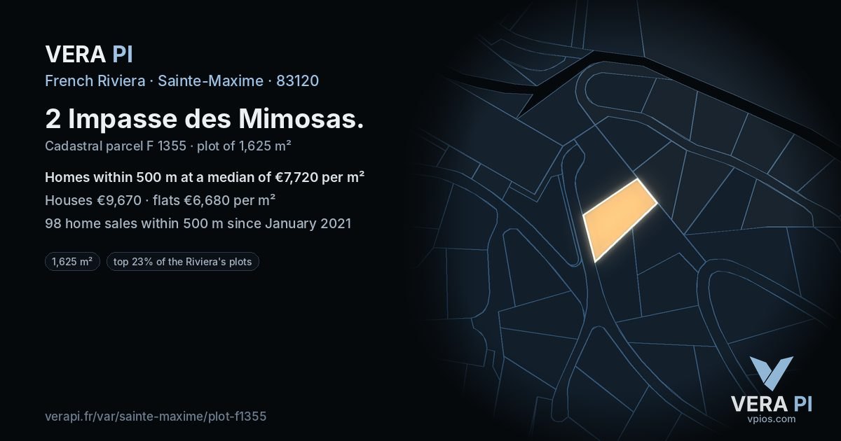 2 Impasse des Mimosas, Sainte-Maxime at night – the plot lit, the parcels around coloured by the prices near them
