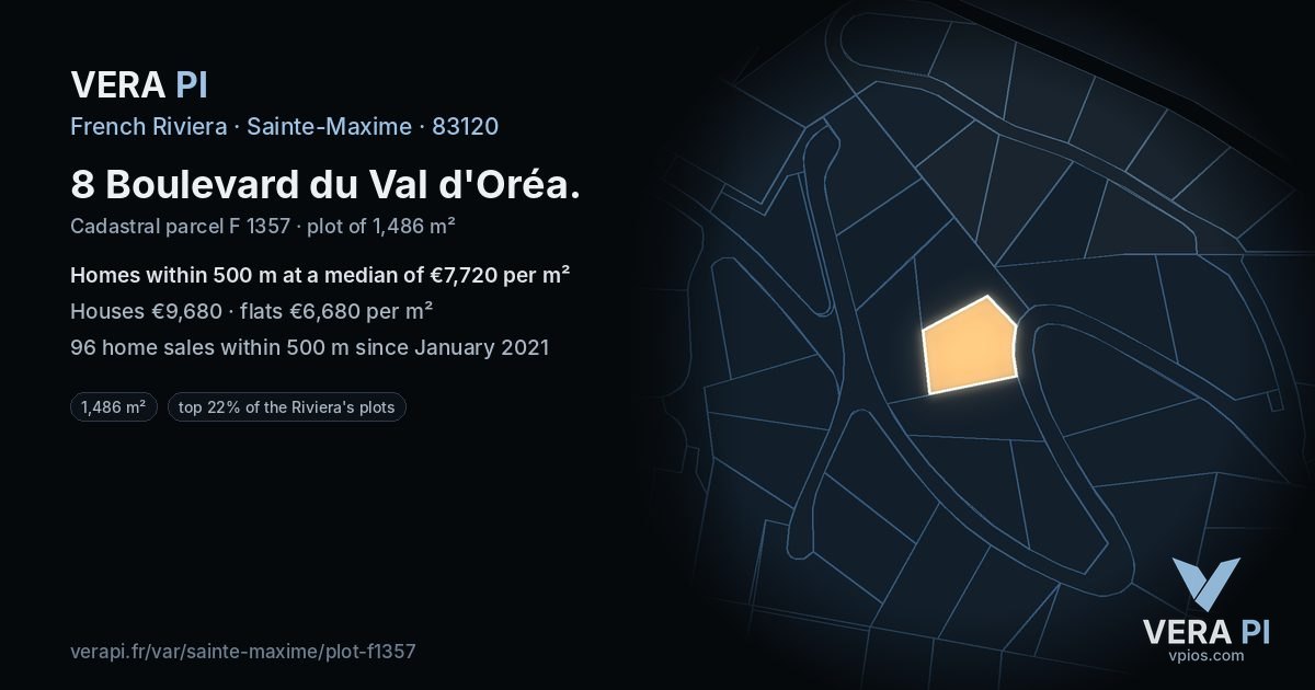 8 Boulevard du Val d'Oréa, Sainte-Maxime at night – the plot lit, the parcels around coloured by the prices near them