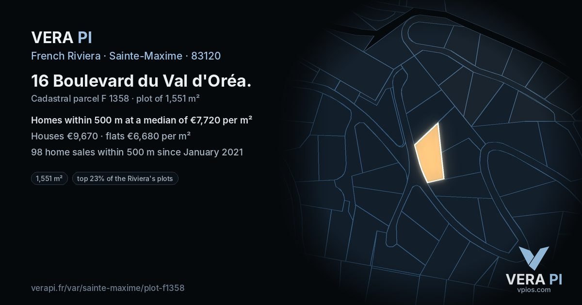 16 Boulevard du Val d'Oréa, Sainte-Maxime at night – the plot lit, the parcels around coloured by the prices near them