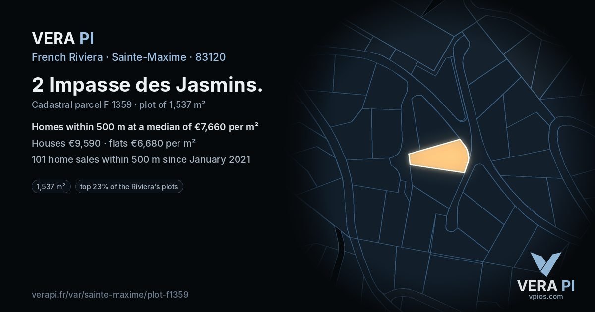 2 Impasse des Jasmins, Sainte-Maxime at night – the plot lit, the parcels around coloured by the prices near them