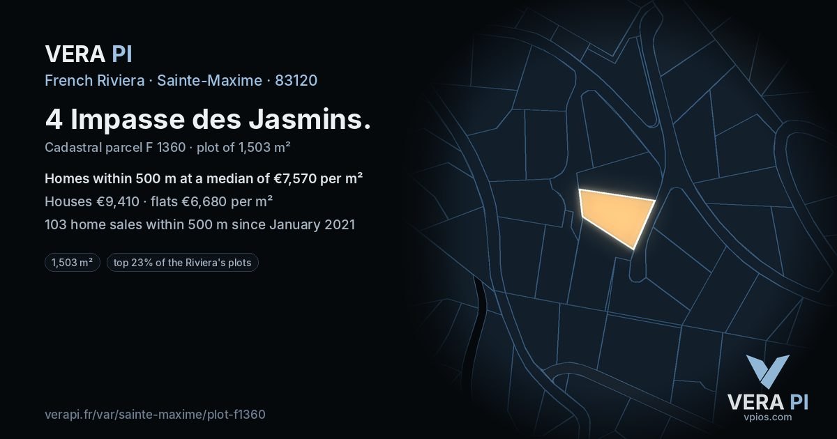 4 Impasse des Jasmins, Sainte-Maxime at night – the plot lit, the parcels around coloured by the prices near them