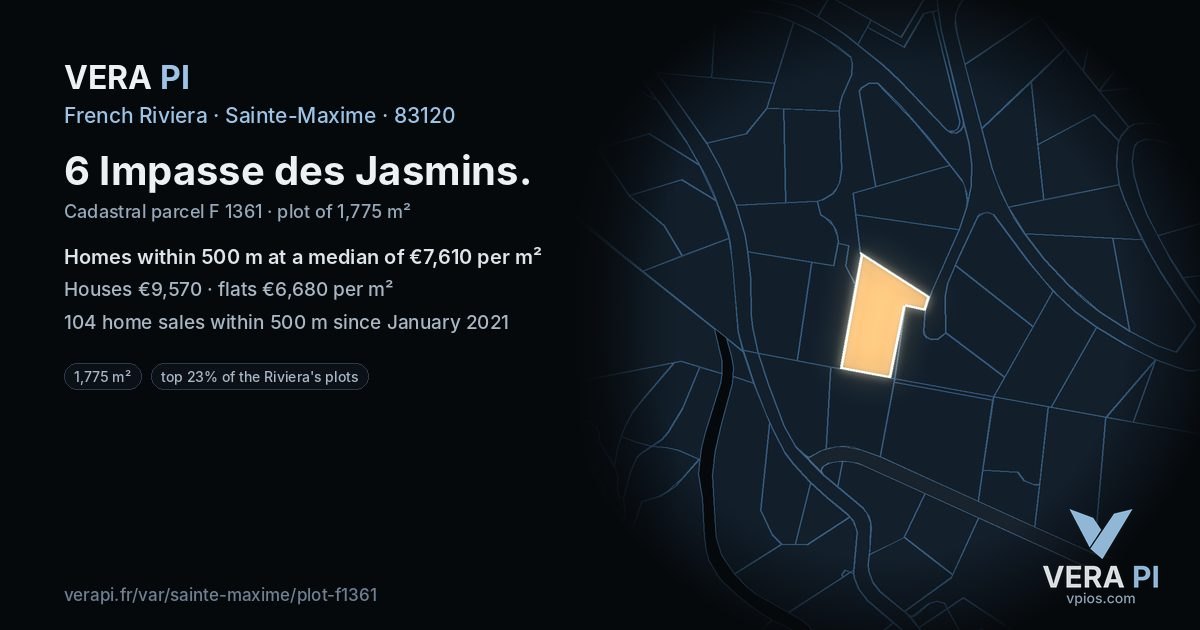 6 Impasse des Jasmins, Sainte-Maxime at night – the plot lit, the parcels around coloured by the prices near them