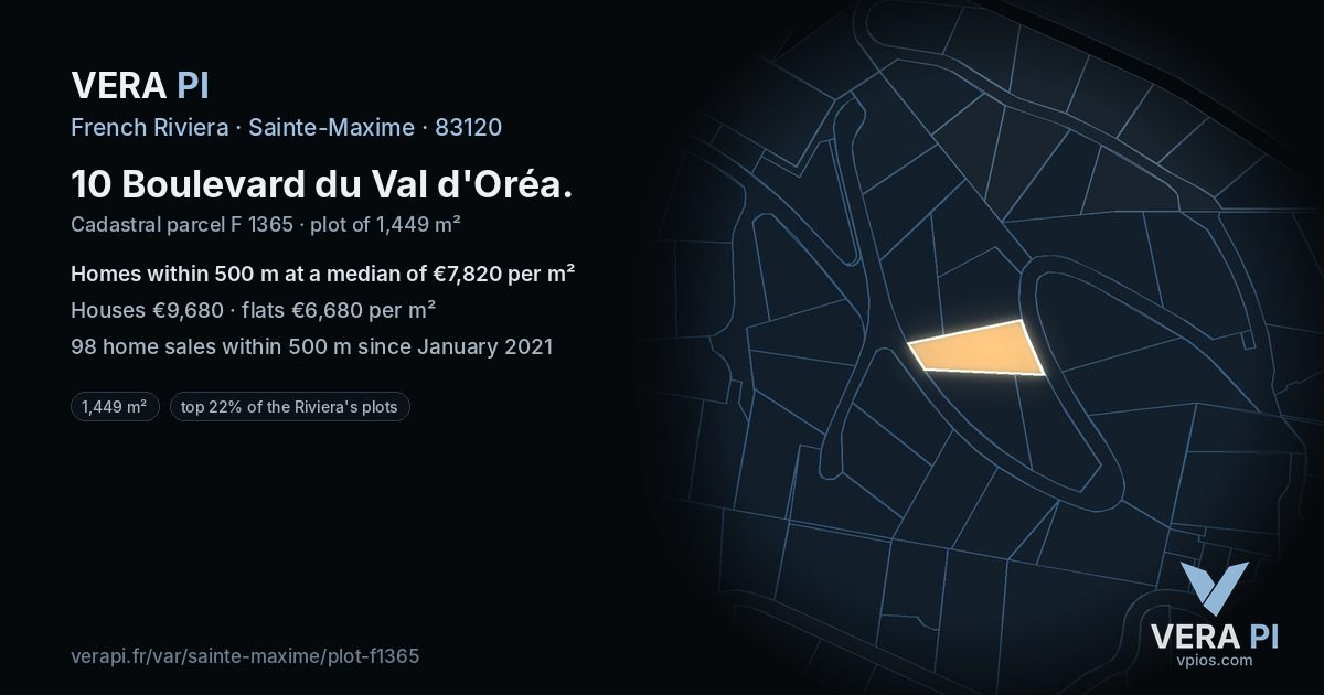 10 Boulevard du Val d'Oréa, Sainte-Maxime at night – the plot lit, the parcels around coloured by the prices near them