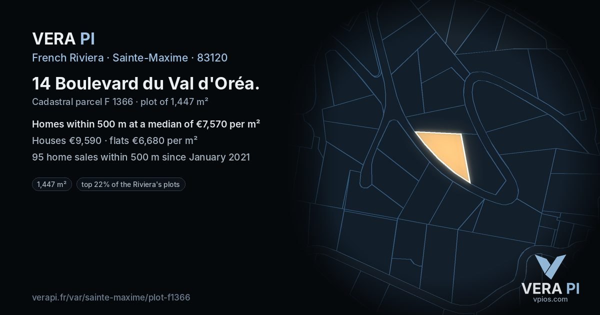 14 Boulevard du Val d'Oréa, Sainte-Maxime at night – the plot lit, the parcels around coloured by the prices near them