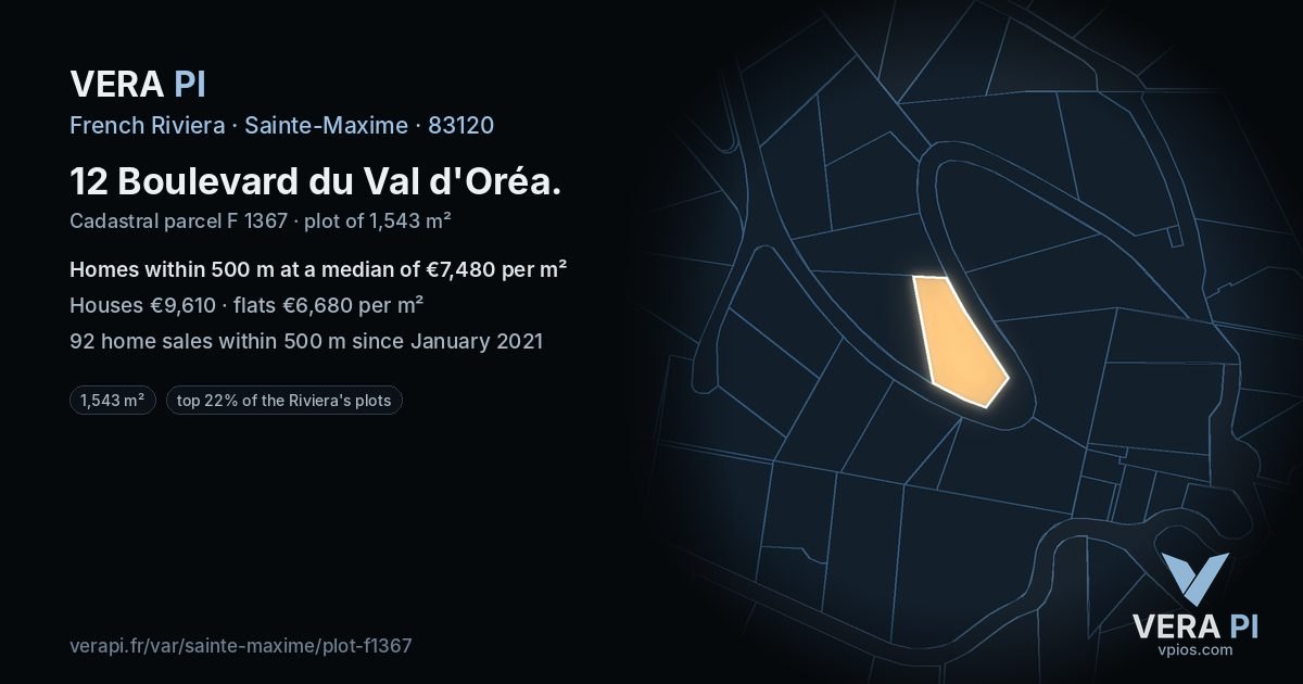12 Boulevard du Val d'Oréa, Sainte-Maxime at night – the plot lit, the parcels around coloured by the prices near them