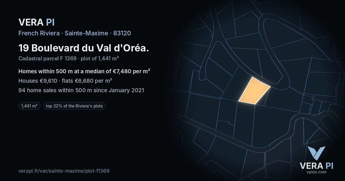 19 Boulevard du Val d'Oréa, Sainte-Maxime at night – the plot lit, the parcels around coloured by the prices near them