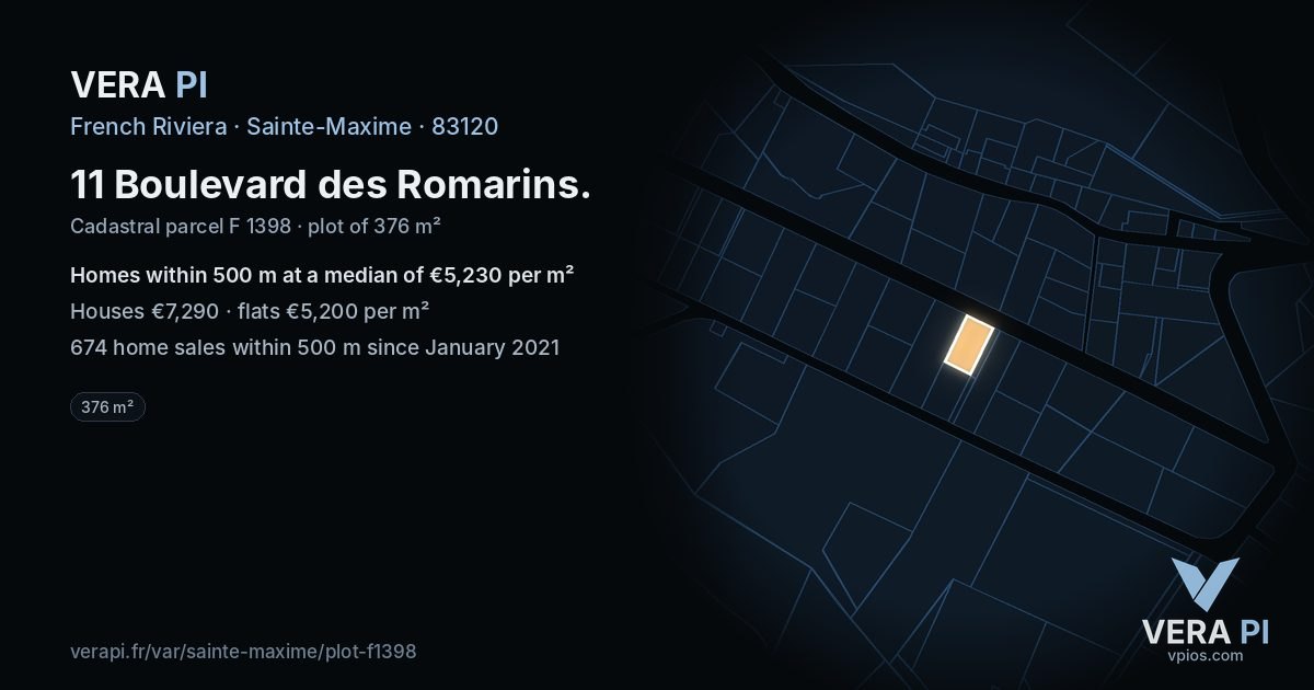 11 Boulevard des Romarins, Sainte-Maxime at night – the plot lit, the parcels around coloured by the prices near them