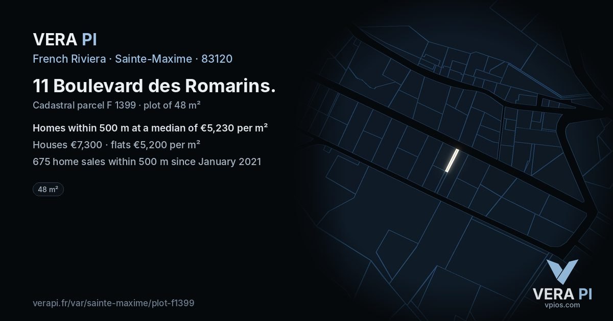 11 Boulevard des Romarins, Sainte-Maxime at night – the plot lit, the parcels around coloured by the prices near them