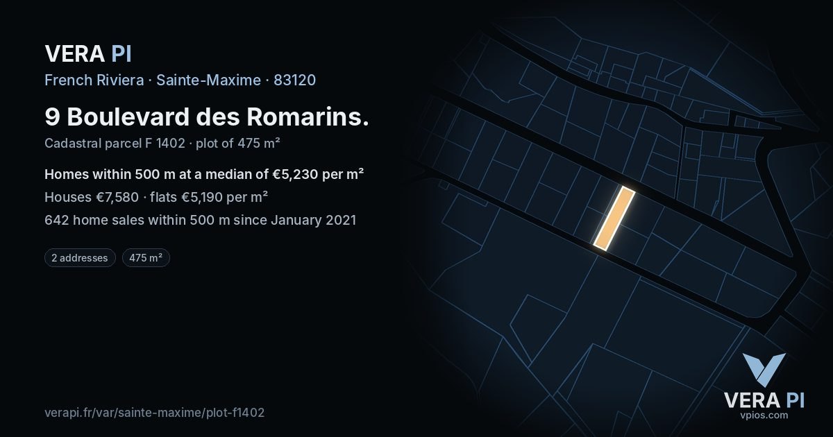 9 Boulevard des Romarins, Sainte-Maxime at night – the plot lit, the parcels around coloured by the prices near them