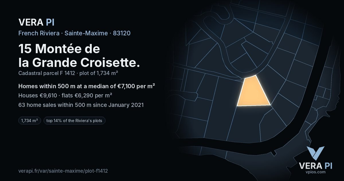 15 Montée de la Grande Croisette, Sainte-Maxime at night – the plot lit, the parcels around coloured by the prices near them