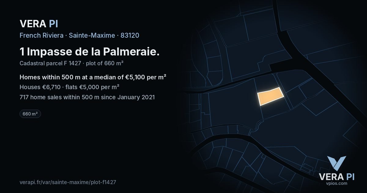 1 Impasse de la Palmeraie, Sainte-Maxime at night – the plot lit, the parcels around coloured by the prices near them