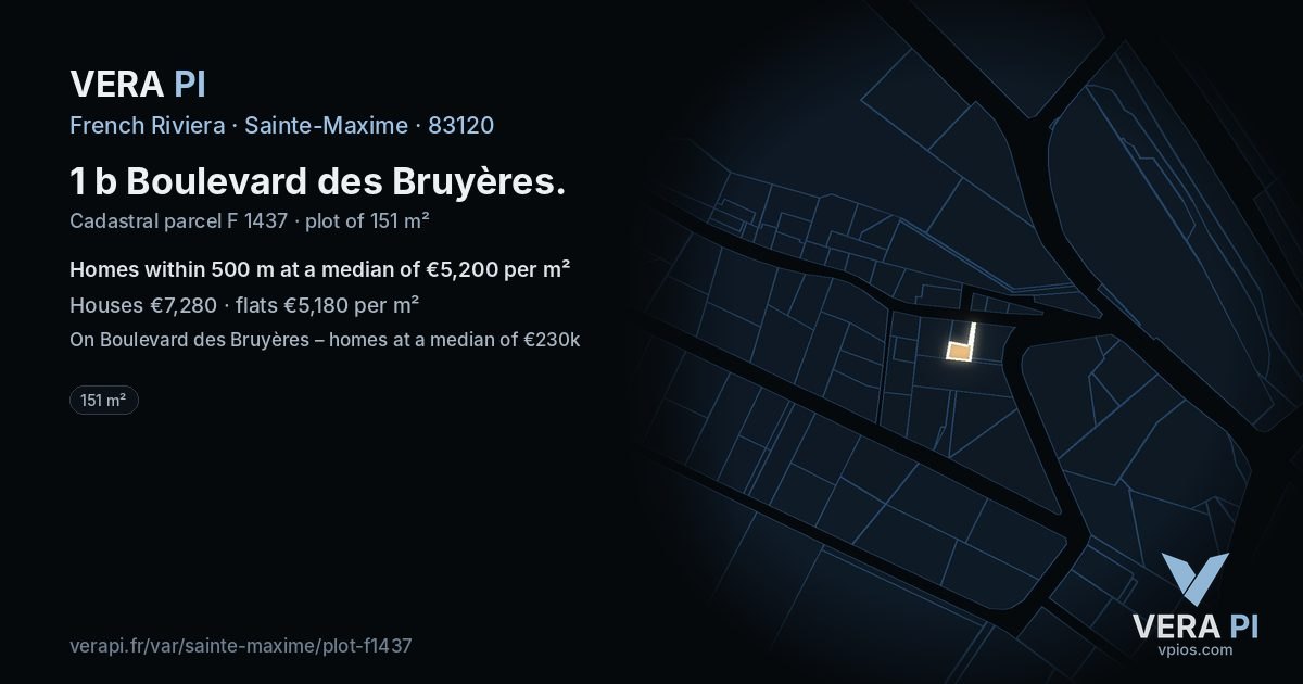 1 b Boulevard des Bruyères, Sainte-Maxime at night – the plot lit, the parcels around coloured by the prices near them