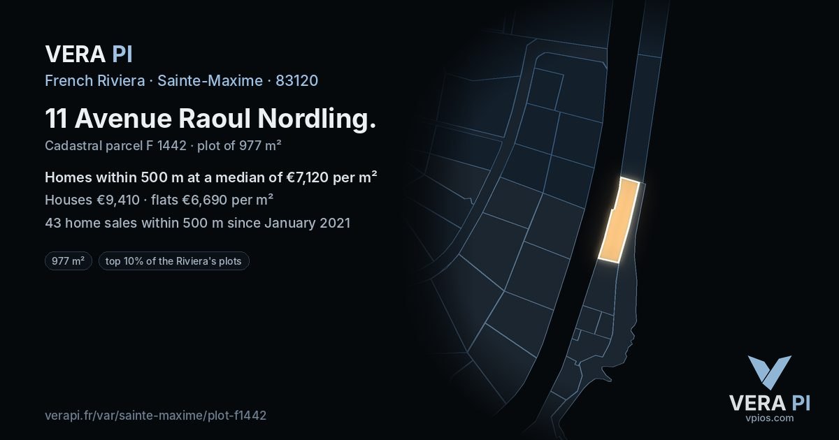 11 Avenue Raoul Nordling, Sainte-Maxime at night – the plot lit, the parcels around coloured by the prices near them