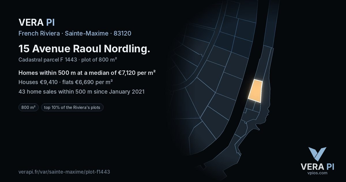 15 Avenue Raoul Nordling, Sainte-Maxime at night – the plot lit, the parcels around coloured by the prices near them
