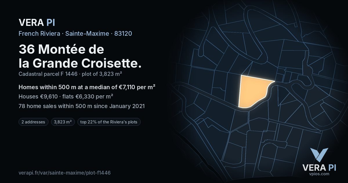 36 Montée de la Grande Croisette, Sainte-Maxime at night – the plot lit, the parcels around coloured by the prices near them