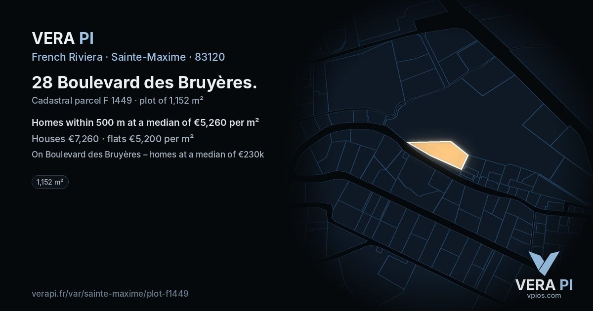 28 Boulevard des Bruyères, Sainte-Maxime at night – the plot lit, the parcels around coloured by the prices near them