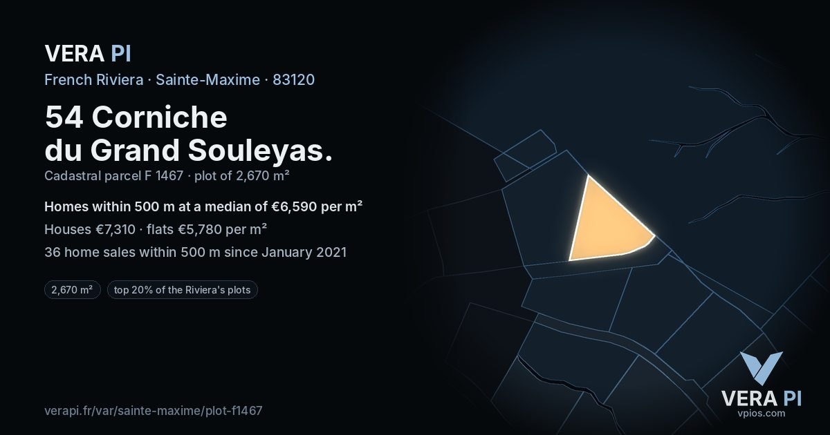 54 Corniche du Grand Souleyas, Sainte-Maxime at night – the plot lit, the parcels around coloured by the prices near them