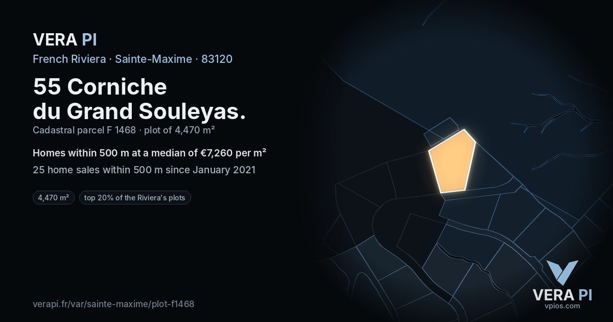 55 Corniche du Grand Souleyas, Sainte-Maxime at night – the plot lit, the parcels around coloured by the prices near them