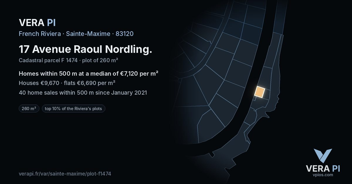 17 Avenue Raoul Nordling, Sainte-Maxime at night – the plot lit, the parcels around coloured by the prices near them