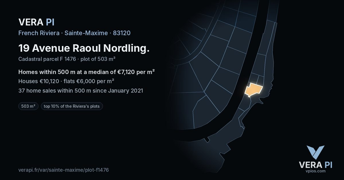 19 Avenue Raoul Nordling, Sainte-Maxime at night – the plot lit, the parcels around coloured by the prices near them