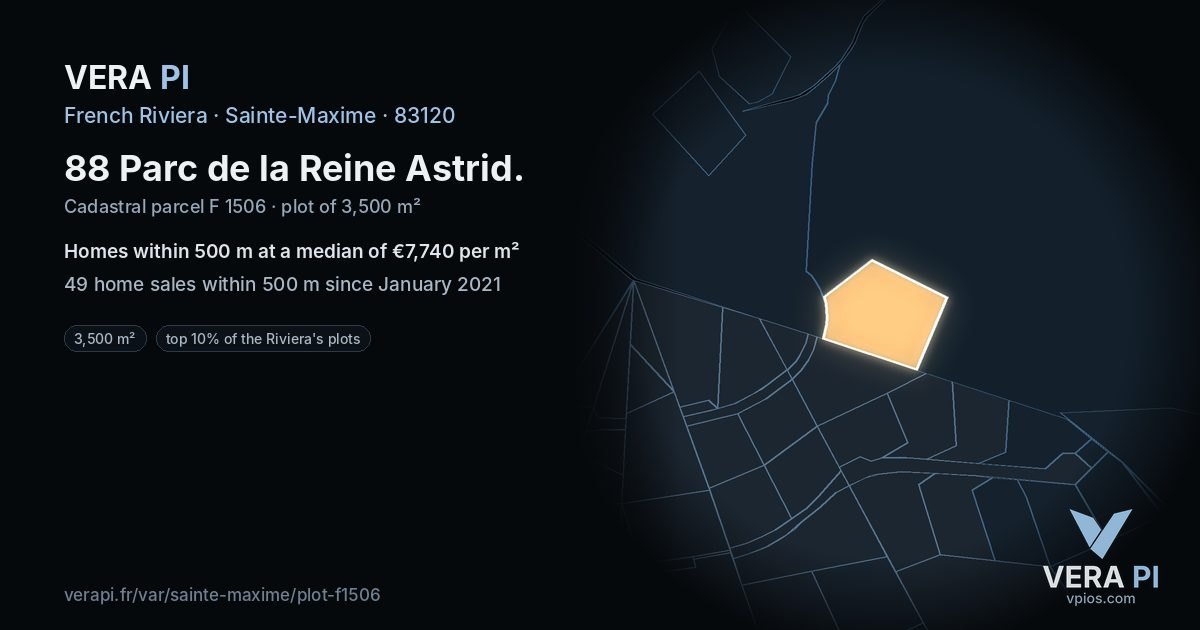 88 Parc de la Reine Astrid, Sainte-Maxime at night – the plot lit, the parcels around coloured by the prices near them