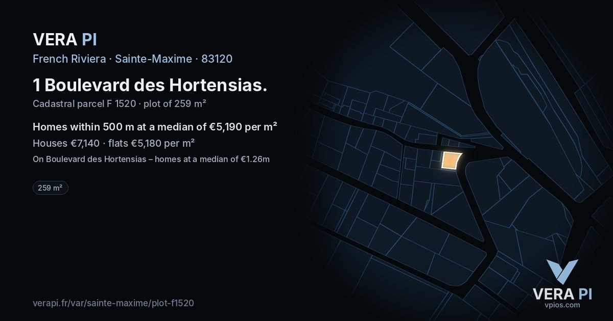 1 Boulevard des Hortensias, Sainte-Maxime at night – the plot lit, the parcels around coloured by the prices near them