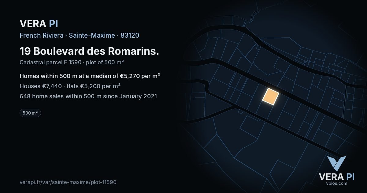 19 Boulevard des Romarins, Sainte-Maxime at night – the plot lit, the parcels around coloured by the prices near them