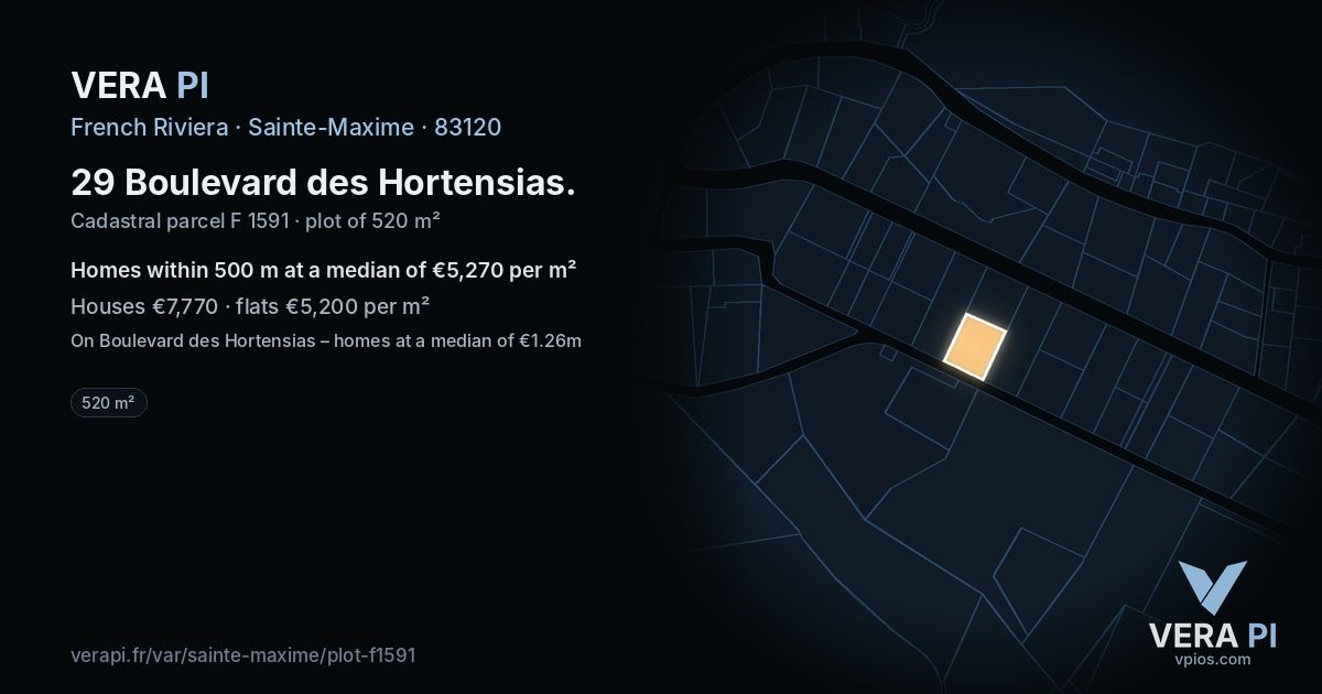 29 Boulevard des Hortensias, Sainte-Maxime at night – the plot lit, the parcels around coloured by the prices near them