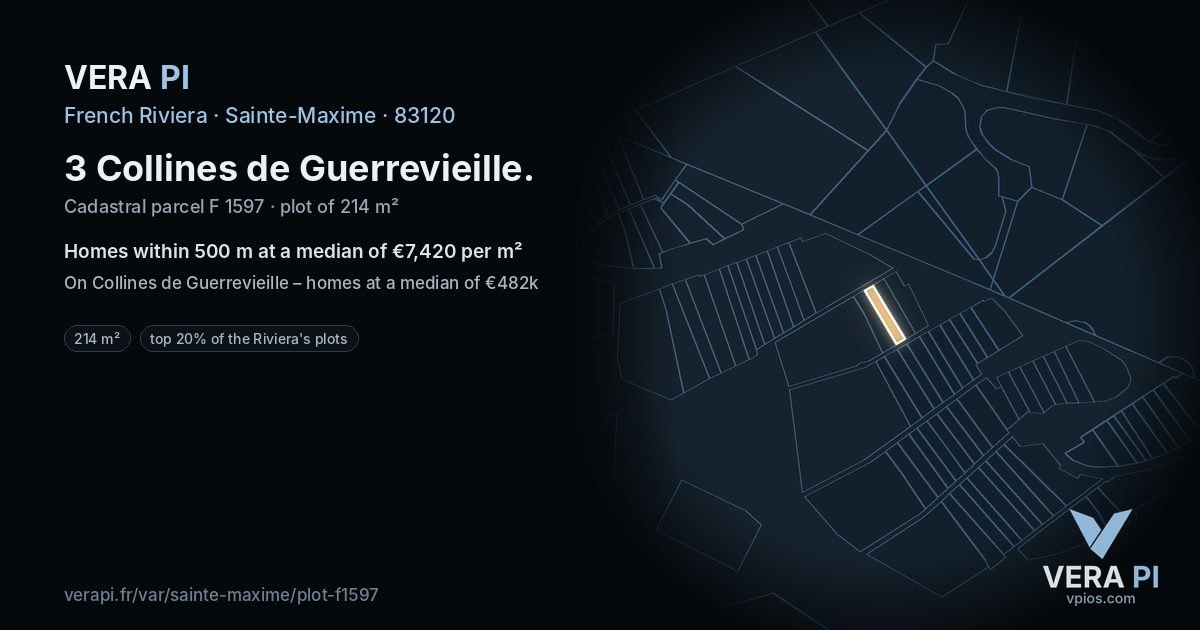 3 Collines de Guerrevieille, Sainte-Maxime at night – the plot lit, the parcels around coloured by the prices near them